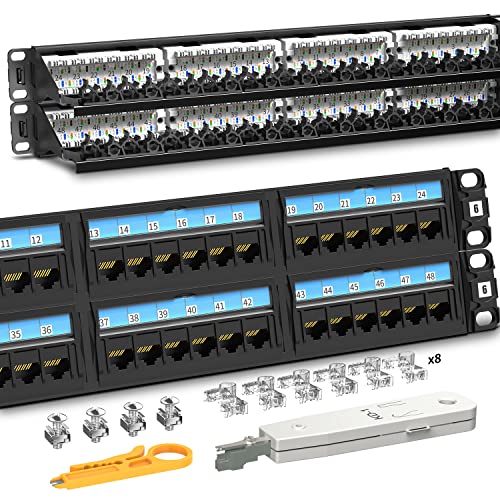 AMPCOM Industrial Series CAT6 48 Ports Patch Panel, Rack Mount – 2U, 19 inch, RJ45 Ethernet 568A 568B, 50u Gold Plated, with Rear Cable Management Bar