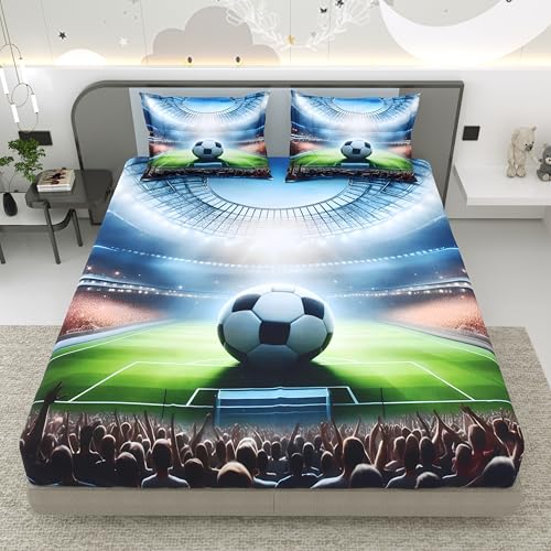 Image of Dream Weaverz 7D Bedsheet for Double Bed King Size with 2 Pillow Covers | Digital Printed & Fitted Elastic for Kids | Soft Glaze Cotton Feel | Fits Upto 12 Inch Mattress (Football Stadium)