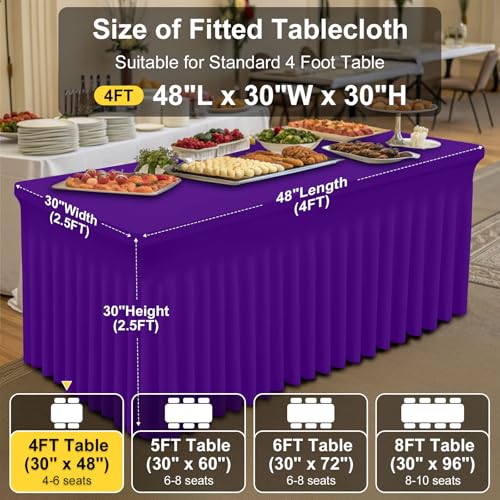 Image of Smiry Spandex Elastic Fitted Table Cloth Skirt for 4FT Rectangle Table | Stretch Washable Table Cloth, Banquet Table Cover for Wedding, Party, Indoor & Trade Shows, (Purple, 48Lx30Wx30H)