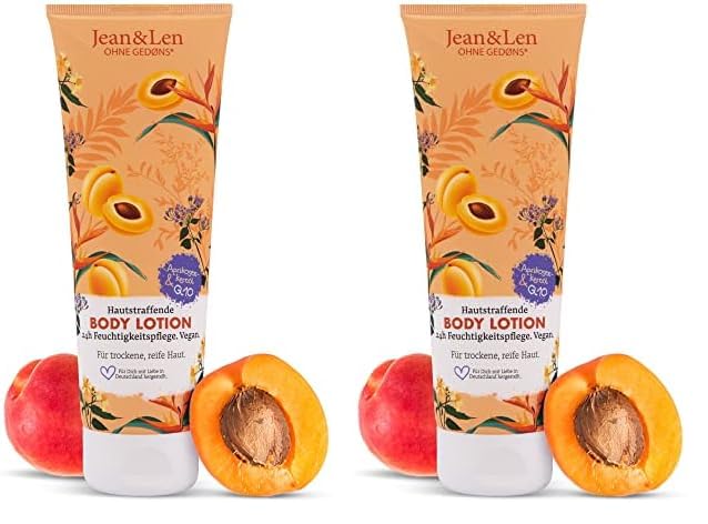 Jean & Len Hautstraffende Body Lotion Aprikosenkernöl & Q10, für trockene & reife Haut, verleiht bei regelmäßiger Anwendung geschmeidig-glatte Haut, ohne Parabene & Silikone, Bodylotion vegan, 250 ml