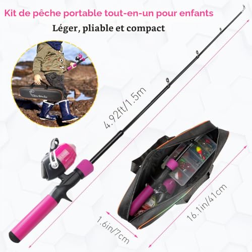 SandKing Kit de Canne à pêche pour Enfants, 1.5M Combo télescopique Canne et Moulinet pour débutants avec Moulinet Spincast,Cadeaux d’équipement de pêche pour garçons, Filles, Tout-Petits (Rose) – vue 3