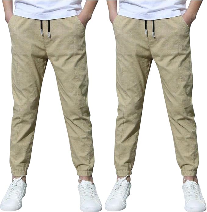 Boys Girls Cotton Linen Athletic Pants Casual Solid Drawstring Joggers Lightweight Sweatpants Kids School Uniform Pants