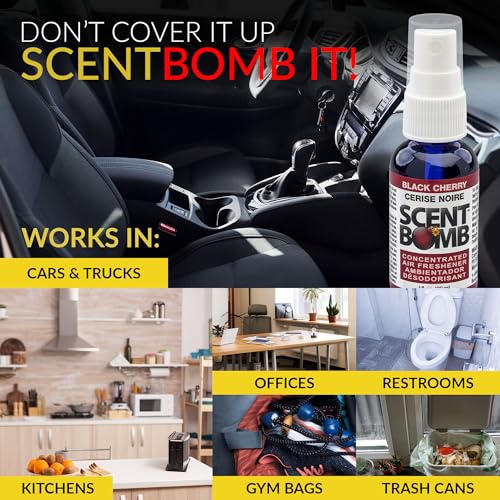 Image of Scent Bomb Air Freshener Spray, Long-Lasting Odor Eliminator - Effective Deodorizer for Home & Car, Fresh Room Spray for Kitchen, Bathroom & Smell Neutralizer - 1 oz Pack of 4, Black Cherry Scent