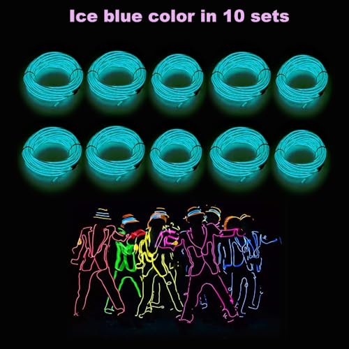 Image of MaxLax EL Wire Ice Blue 10-Pack, 9ft /2.75m Neon Light Wire with Noise Reduction and Battery Pack