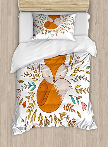 Ambesonne Cartoon Duvet Cover Set, Fox Sleeping in a Floral Made Bed Circle Art Print, Decorative 2 Piece Bedding Set with 1 Pillow Sham, Twin Size, Dark Orange White