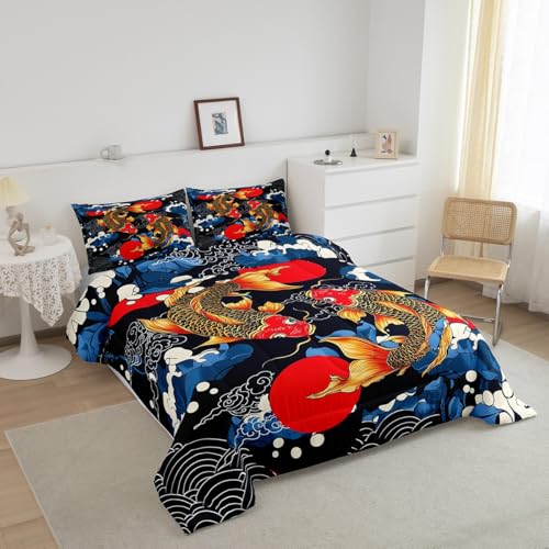 Image of Feelyou Japanese Bedding Set Japanese Ukiyoe Fish Comforter Set for Kids Boys Girls Teens Decor Ocean Surfing Koi Comforter Exotic Quilt for All Season 2Pcs Twin Size with 1 Pillow Case