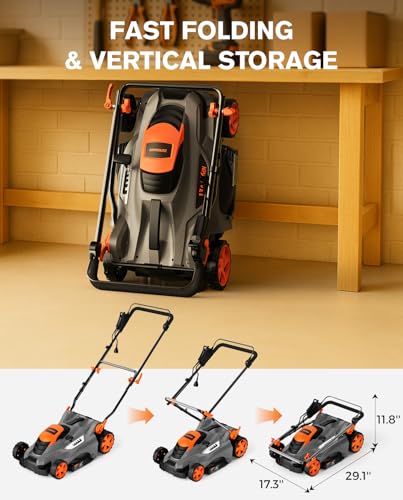 Image of DOVAMAN 13 Amp 16 inch Lawn Mower, 98% Collection w /13.2-Gallon Bag | 5-Position Height Adjustment, 3Step Quick Vertical Fold Storage, 2-in-1 Mulching & Bagging, Corded Lawn Mower for Your Garden