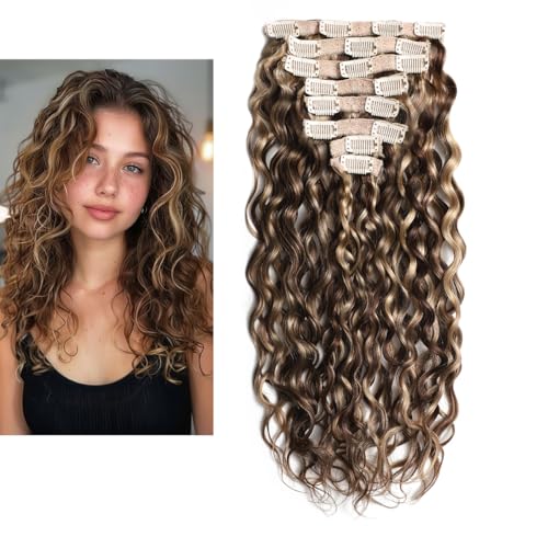 Larafona Hair Extension a Clip Cheveux Naturel Bouclé 100% Remy Humain Cheveux Ondules Brun Highlights Blond P4/27# 120g 16inch/40cm