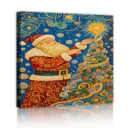 Toile Père Noël arbre de Noël CHERHERART 55x55cm avec cadre intérieur pour décoration murale de salon