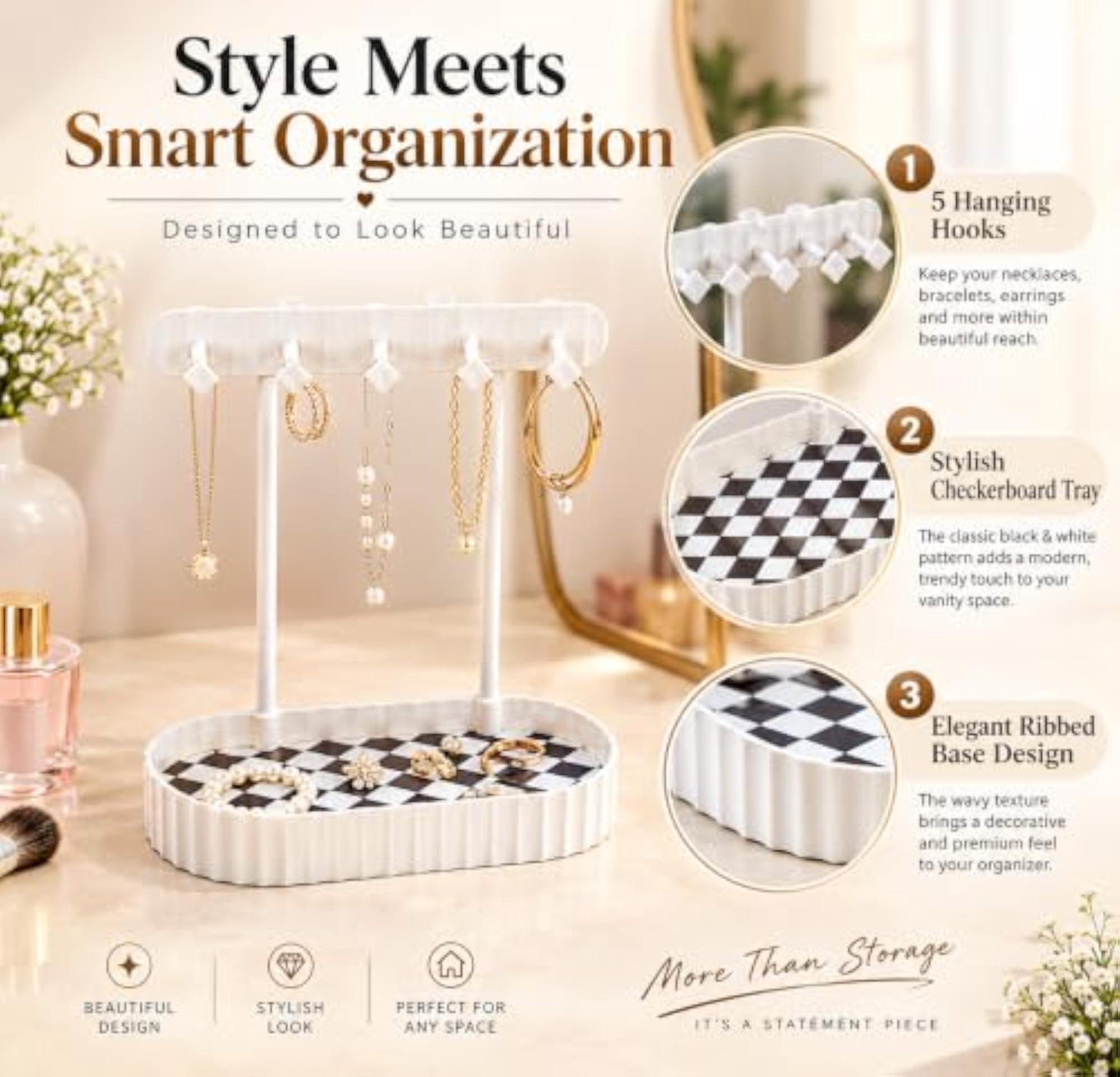 Jewellery Organizer with Hanging Hooks & Storage Tray