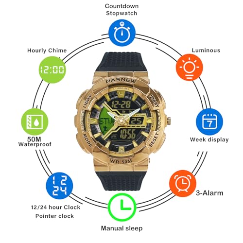 Image of PASNEW Boys' Watches - Dual Display, Large Dial Sport Watch, Black Outdoor Watch for Boys & Teens - Waterproof