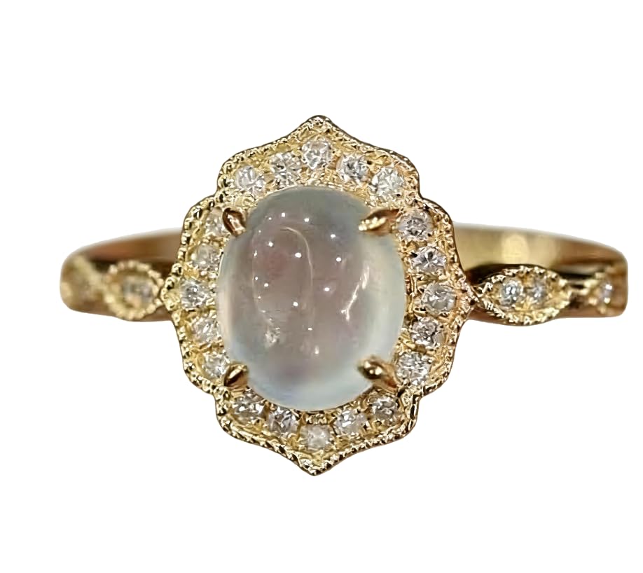 Bague ouverte en or 14 carats avec pierre de lune romantique et pierre de lune naturelle opale réglable avec véritables diamants pour femme