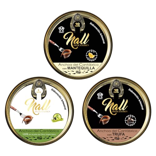 NALL DELICATESSEN (Pack 3 Latas) Anchoas del Cantábrico | Lata Anchoas XL 00 6 Filetes + Lata Anchoas XL con MANTEQUILLA 10 Filetes + Anchoas Con Aroma A TRUFA | Elaboración Artesanal