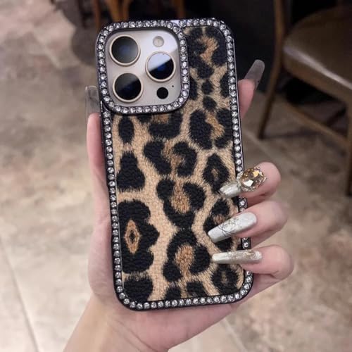 Coque antichoc iPhone 16 fausse fourrure léopard noire avec strass scintillants