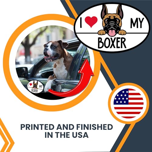 Image of I Love My Boxer Dog Breed Car Magnet 4x6 Inch, Dog Lover Gift, Made in USA | Heavy duty magnetic decal for car, truck, SUV or fridge, full color UV printed