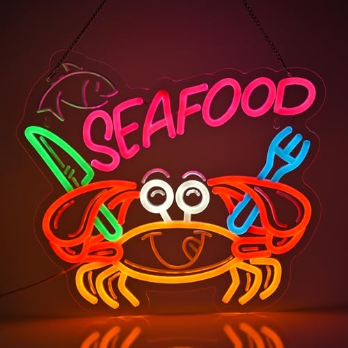 Image of Seafood Neon Sign, Neon Lights Hanging Wall Art Decoration for Restaurant Shop Market Mall Grocery Bar Celebration Home Decor, USB Powered Ultra Bright Dimmable, 14.96 * 12.6inches
