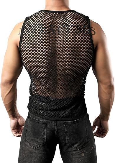 Men's Round Neck Vest Mesh See-Through Sexy Fishnet Hollow Fitness Sweatshirt Sports Slimming Tank Tops - Image 5