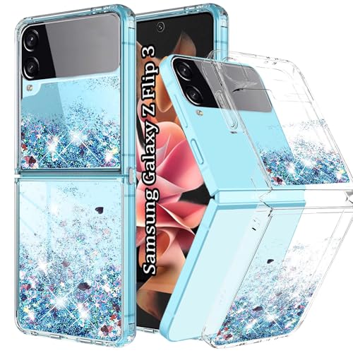 Yutwo Hülle für Samsung Galaxy Z Flip 3 5G Glitzer Treibsand Silikon Stoßfest Samsung Z Flip 3 5G Handyhülle Transparent TPU Bumper Schutzhülle Quicksand Case Blau
