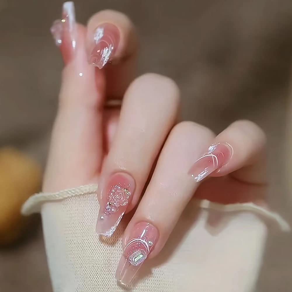 Amazon | 24枚入り 付け爪 3D パールエンボス ツバキの花 大人女性 