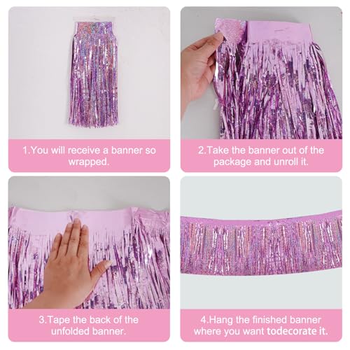 Image of BEISHIDA 3 Packs Metallic Foil Fringe Garland Laser Light Pink Wall Hanging Tinsel Fringe Banners for Car Floats Bridal Shower Wedding Birthday Easter Graduation Holiday Party Decoration(30 Feet)