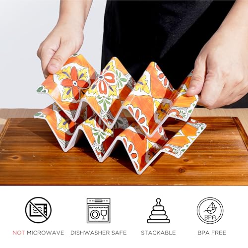 TP Taco Holder Stands, Set of 2 Melamine Large Taco Serving Rack Tray with Handle, Holds 3 Tacos, Dishwasher Safe, Ideal for Taco Night, Party, Home, Fiesta, Talavera Bloom by TP - Image 4