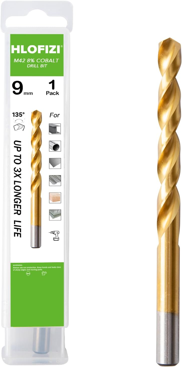 9mm M42 8% Cobalt Drill Bits (1 Pack), Metric Titanium Twist Drill Bits for Hard Metal, Stainless Steel and Cast Iron