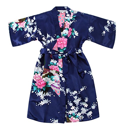 Wonderfit Girls Stain Kimono Peacock Flower Robe For Spa Wedding Birthday Navy Blue 7-8 #TOP9