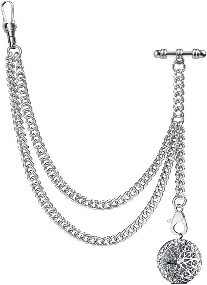 Single Albert Pocket Watch Chain T-Bar with Grid Case Locket Pendant Silver