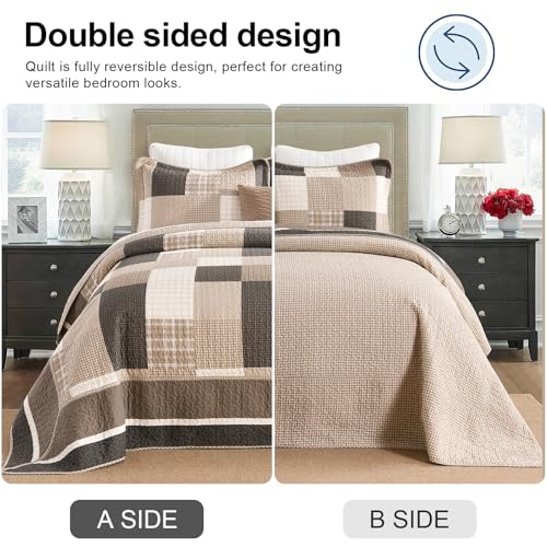 Image of EWlinens 100% Cotton 120 inchx102 inch Oversized Queen Bedspread - Reversible Patchwork Plaid Extra Large Quilt Bedding Set, Queen Bedspreads Coverlet Set, Lightweight Cozy Luxurious Quilts, 3pcs, Brown /Beige