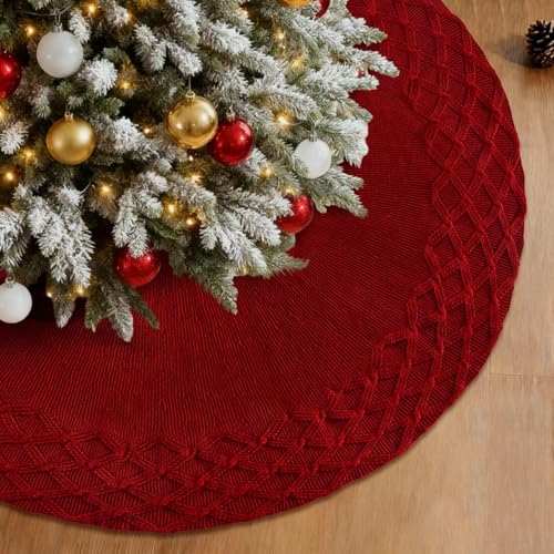 UXORSN Christmas Tree Skirt 48 Inch Large Red Xmas Tree Base Cover Mat Rustic Thick Knitted Tree Skirt with 3D Woven Plaid Pattern Floor Mat Christmas Tree Decorations for Xmas Holiday Party Decor
