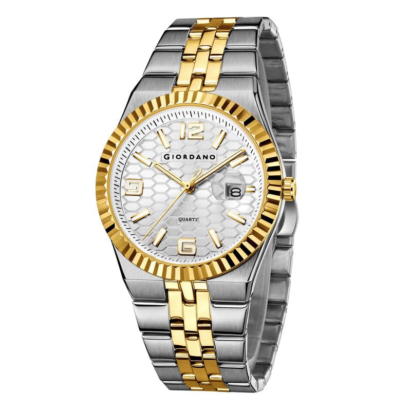 Image of Giordano Analog Watch for Men with Honeycomb Dial, Fluted Bezel, Date Window & Luminous Hour Markers and Stainless Steel Strap - GZ-50172