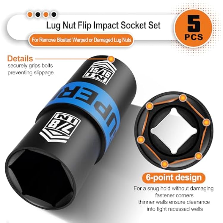 1/2 Drive Lug Nut Impact Socket Set, 5 Pcs Impact Sockets, Flip Socket Set, Thin Wall Nut Sockets with 3 Extension Bar, Remove Bloated Warped, Damaged Lug Nuts