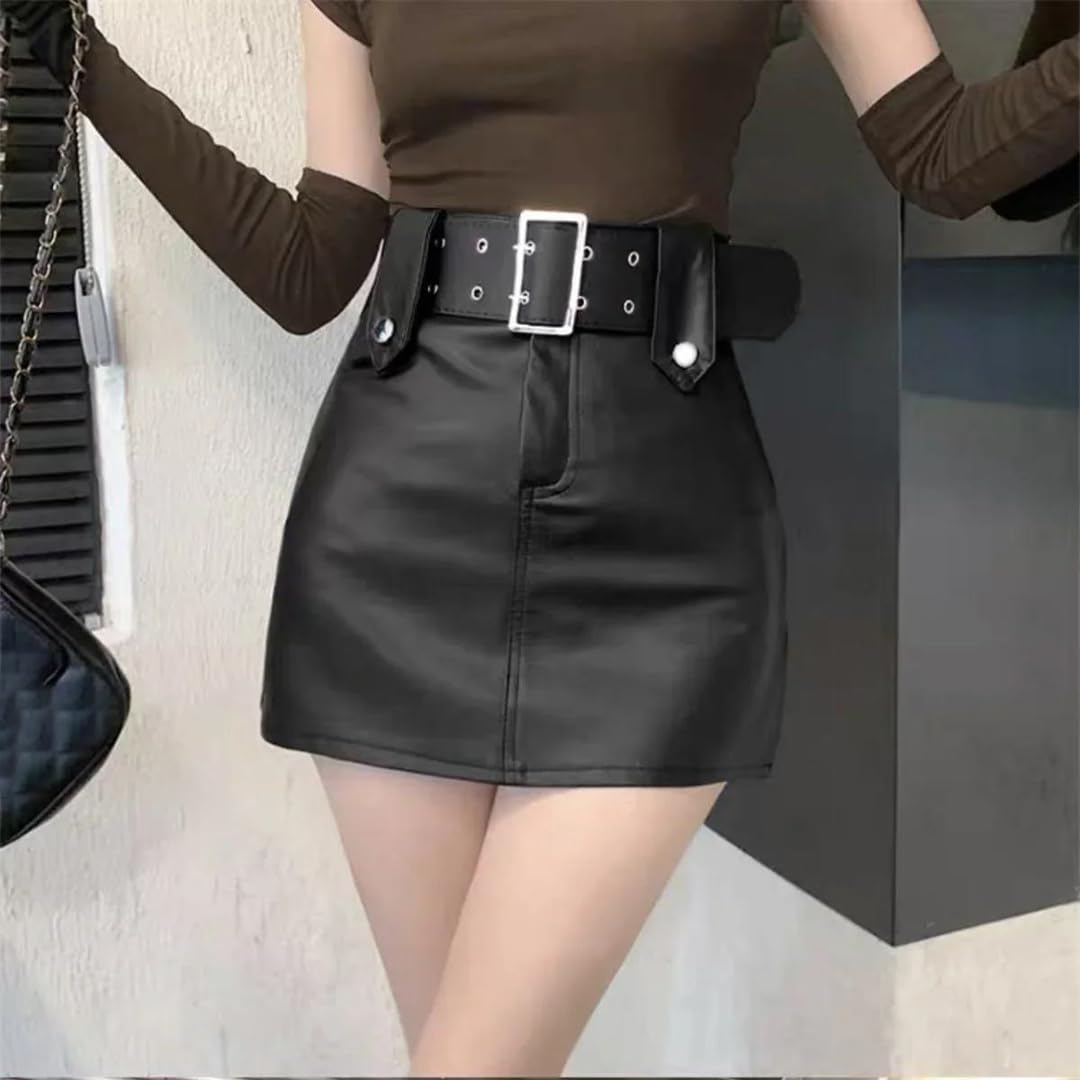 Kelsiop Minifalda de piel sintética de cintura alta para mujer, falda corta acampanada, casual, fiesta, club