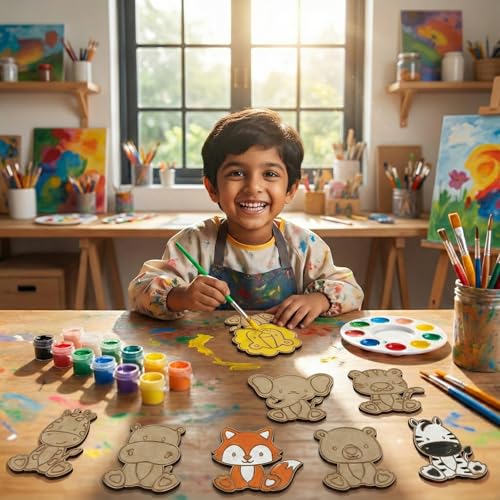 Image of ImagiVibe DIY Paint Your Own 8 Cute Animal Cutouts Fridge Magnets Kit for Kids | Craft Activity Kit Creative Fridge Magnet Painting Art | Encourages Imagination, Creativity & Screen-Free Fun | Made in India (Animal)