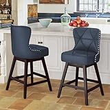 Cozyman Counter Height Bar Stools Set of 2, 26' H Swivel Bar Stool with Back, Faux Leather Counter Stool, Solid Wood Legs, Retro Upholstered Barstools for Kitchen Island, Home Bar, Pub, Navy Blue