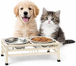 Woofy Pets Double Elevated Feeding & Watering Stand with Stainless Steel Bowls | Non-Slip Iron Cream Colour Stand Feeder for Puppies & Small Dogs (Small - 350ML, X2 Bowls)