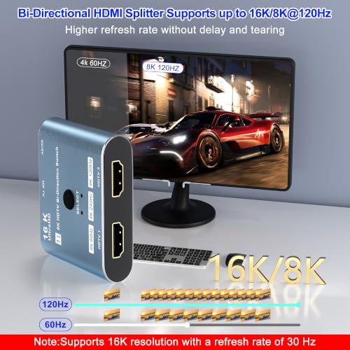 Image of 8K /16K Hdmi 2.1 Switcher 2 in 1 Out, Bidirectional Hdmi Splitter Support 4K@120HZ /240Hz 16K@30Hz /8K@60Hz DTS VRR HDR10+ Dolby, 48Gbps 2 Computers 1 Monitor Hdmi Switch for Switch PS5 Xbox Roku TV