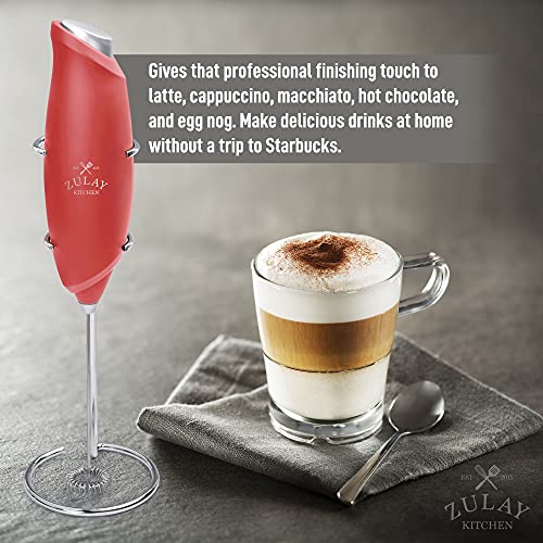 Image of Zulay Kitchen Premium One-Touch Milk Frother for Coffee - Easy-Use Frother Handheld Foam Maker - Electric Whisk Drink Mixer for Cappuccino, Frappe, Matcha and Hot Chocolate (Cardinal Red)