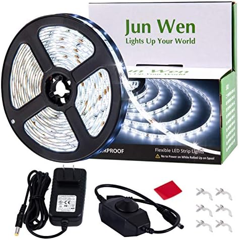 JUNWEN 16.4ft White Led Strip Lights, 12V Outdoor Led Strip Lights Waterproof Flexible Led Light Strip Indoor Plug in Cuttable SMD2835 Dimmable led Strip Light for Bedroom Cabinet Kitchen TV Hallway