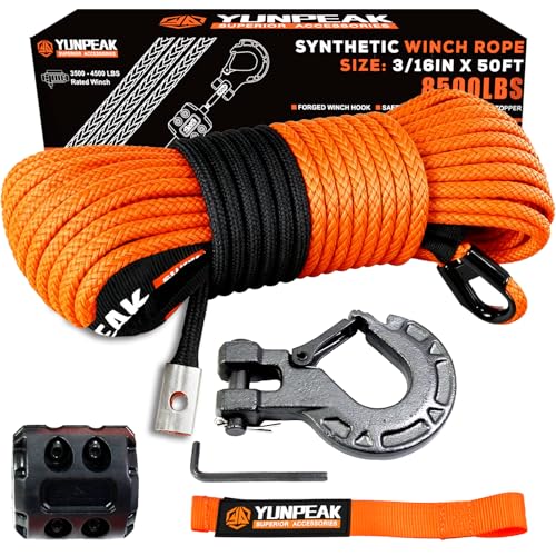 Synthetic Winch Rope Kit, 3/16' x50 ft 8500LBS Winch Cable Replace Kit, with Protective Sleeve, Heavy Duty Hook, Rubber Stopper, Safety Pull Strap for Off-Road 4x4 Vehicles ATV UTV(Orange)