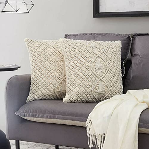 Image of Beautifull and Luxurious Handmade 100% Cotton Macrame Cushion Cover 16 inchx16 inch inch in Natural White Colour | Boho Cushion Cover in Premium Canvas Duck Fabric (WDM203) Pack of 2