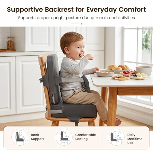 Image of Booster Seat for Kitchen Chair, Upgrade Toddler Booster Seat for Table | 3.5 inch High Density Foam Toddler Booster Seat for Dining Table with 2 inch Backrest, Front Safety Buckle, Travel Booster Chair