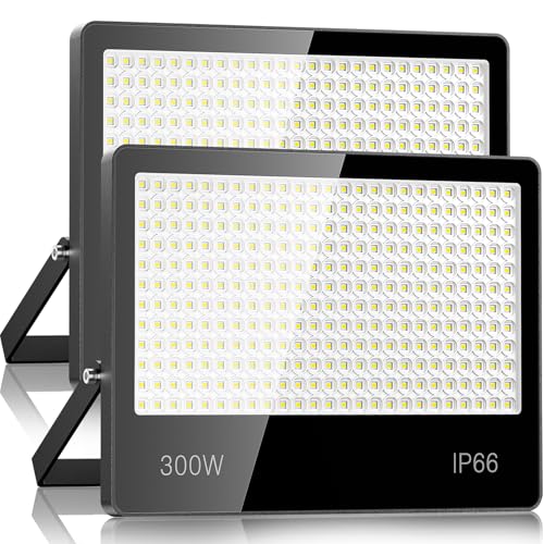 LED Strahler Außen 300W 2 Stück - 30000LM 6500K Kaltweiß Superhell LED Fluter Außen, IP66 Wasserdicht außenstrahler Scheinwerfer für Stadion, Terrasse, Straße, Garage