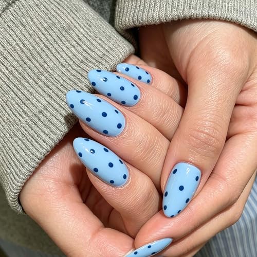 Press On Nails Medium Almond - 24Pcs Blue Polka Dot Fake Nails Light Blue Navy Dot Acrylic Glue On Nails Reusable Simple Press Ons for Women Daily Nail Art Decoration
