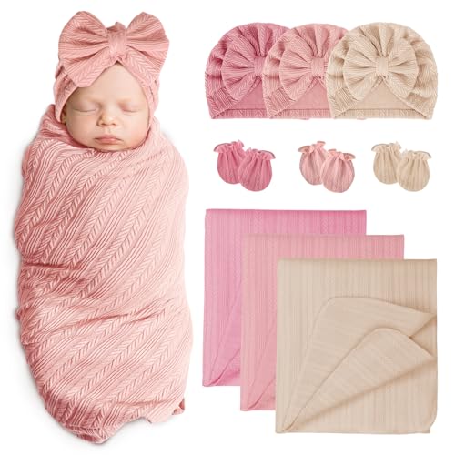 Image of AQOKKA Baby Swaddle Blankets with Bow Hat Mittens Set Wheat-Pattern Infant Receiving Blankets Swaddles for Newborns Unisex Toddler Swaddle Wrap Sets for Baby Girls Boys Nursery Warm Shower Gift