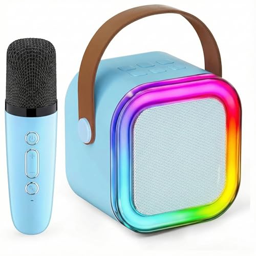 Image of Portable Karaoke Machine with Wireless Microphone, Bluetooth Speaker System, RGB LED Lights, Voice Effects, Rechargeable Battery, Light Blue