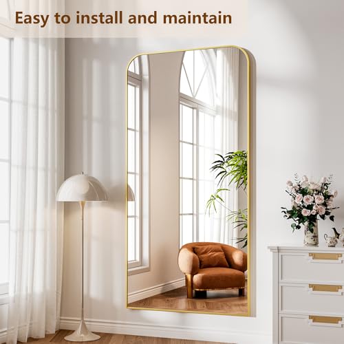 Image of Koonmi Full Length Mirror, 80 inchx36 inch Mirror Full Length with Stand, Gold Domed Top Square-Edged Floor Mirror with Aluminum Alloy Frame for Bedroom Living Room