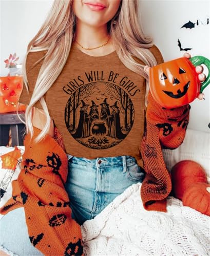 Halloween Shirts for Women Witch Shirt Girls Will Be Girls T-Shirt Witches Tee Casual Halloween Party Short Sleeve Tops2