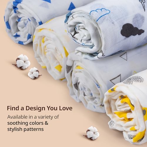 Image of LuvLap 100% Cotton Muslin Baby Swaddle Set, Baby Towel, Size-120cm x 100cm (47 inchx39 inch), Triangles Birds & Balloons Printed on White, Printed Mulmal Muslin Swaddle Wrap for New Born, Pack of 15