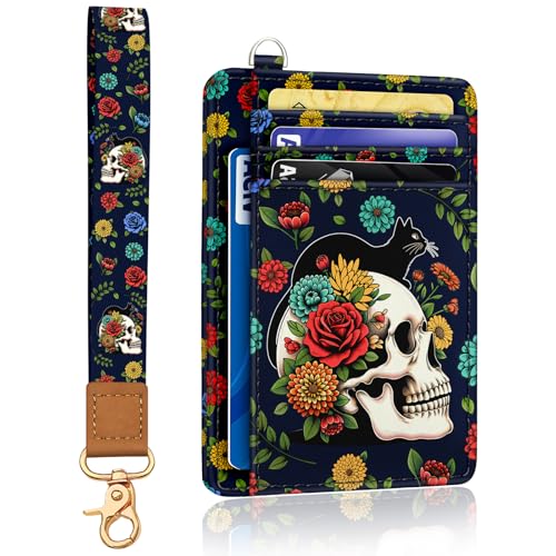 Image of Yonlevres Skull Cat Credit Card Holder Slim RFID Wallet Women Wristlet Gift | Front Pocket, Handy, RFID Blocking, Woman Girls Ladies Gifts, D-ring for Keychain,Thin Mini Card Case, ID Window, PU Leather